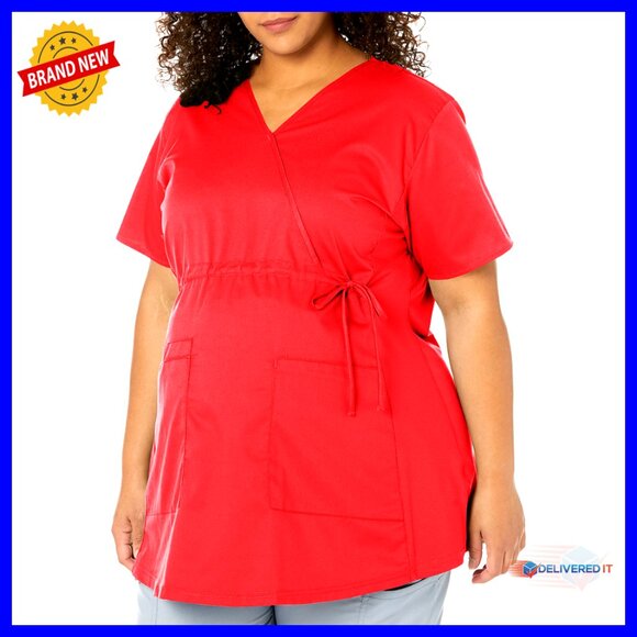 Tops - Maternity Mock Wrap Scrub Top with Pockets, 65% Polyester 35% Cotton